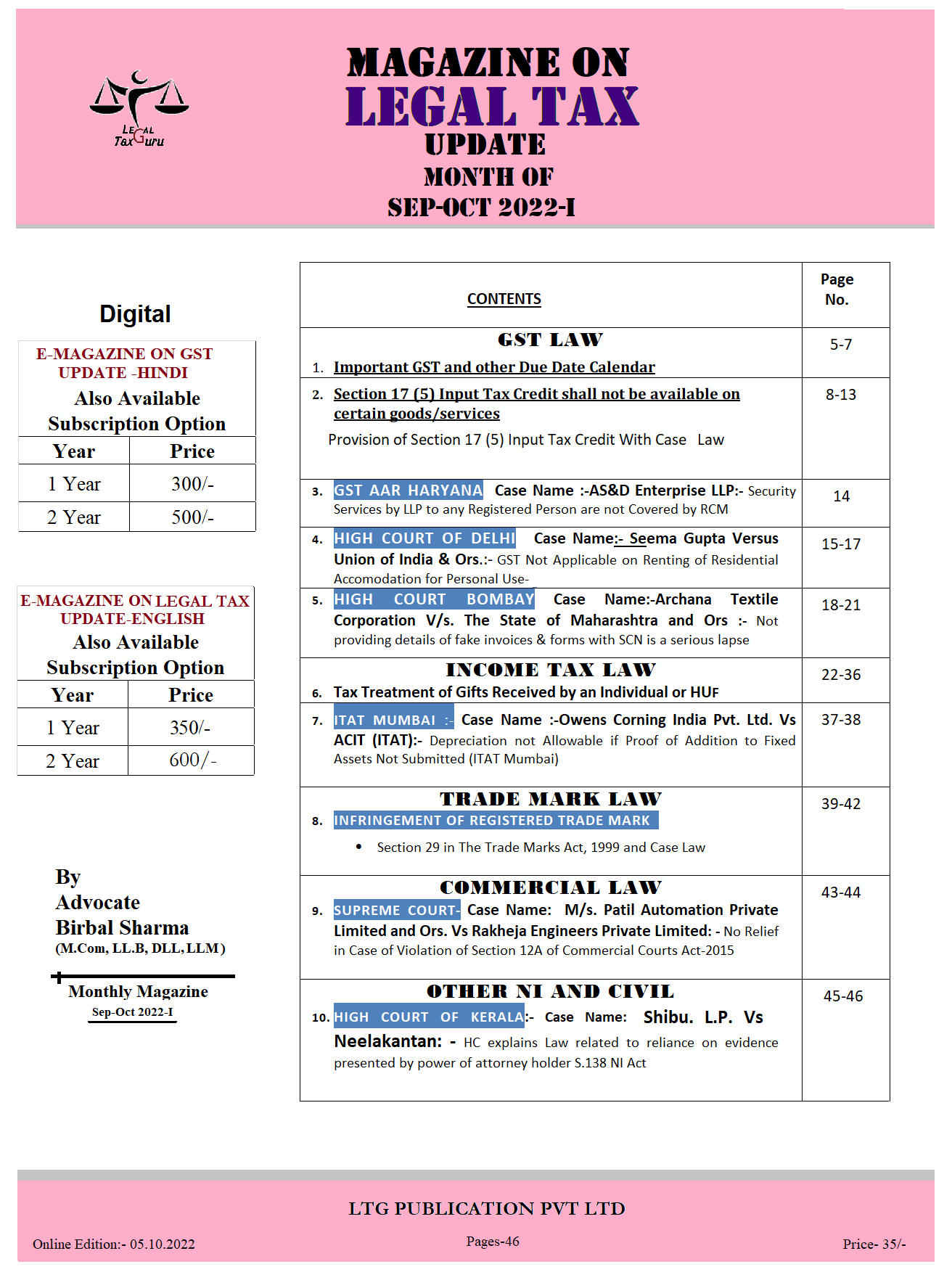 Magazine on Legal Tax Update Month of Sep-Oct 2022-I