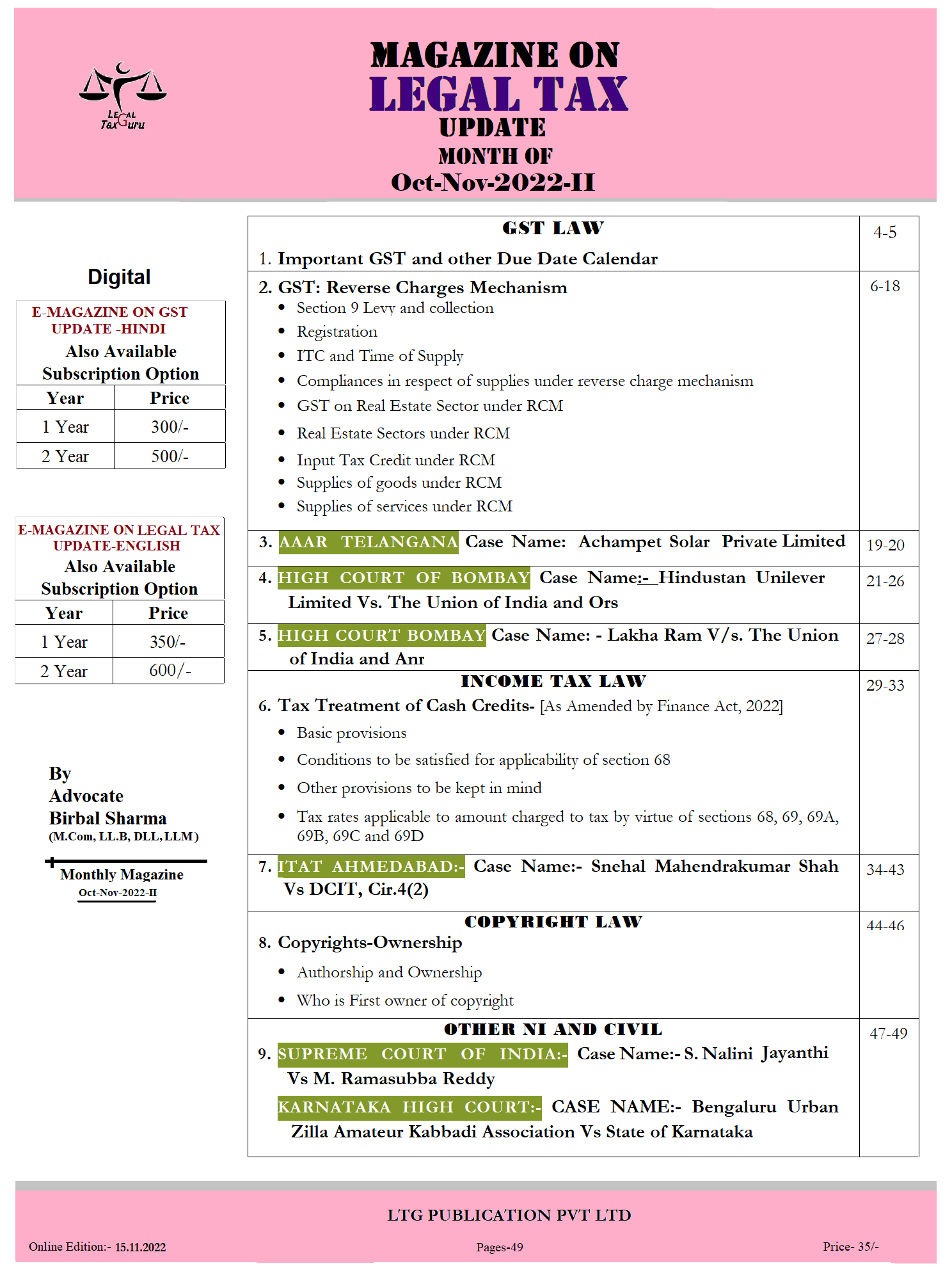 Magazine on Legal Tax Update Month of Oct-Nov 2022-II