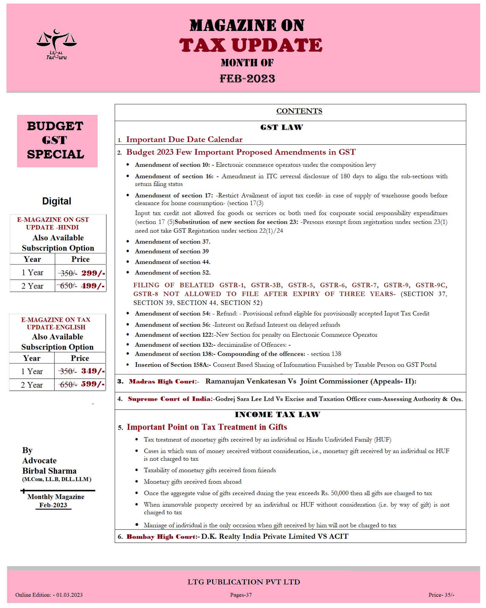 Magazine on Tax Update Month of Feb-2023 || Online Publication-01.03.2023