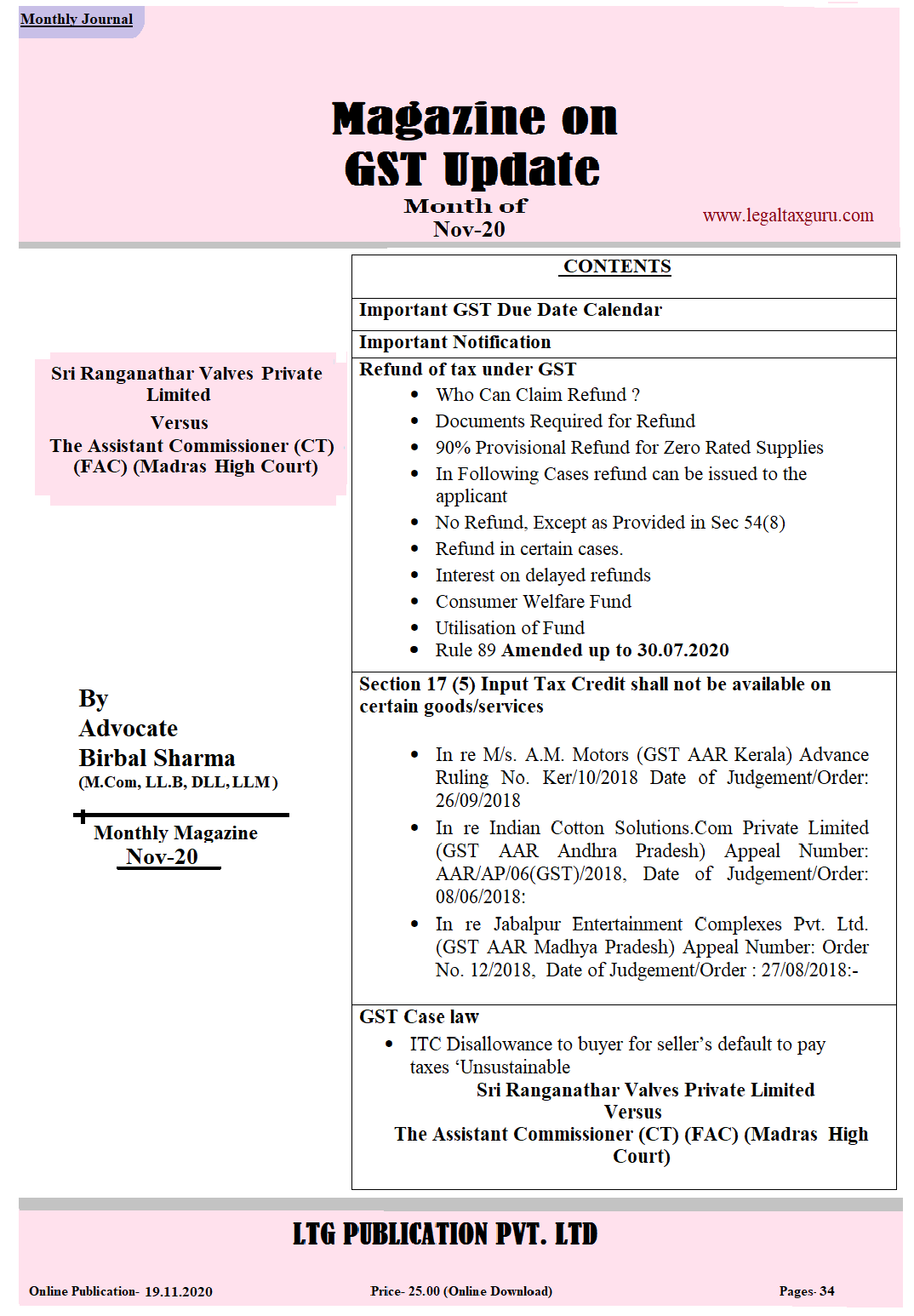 GST Update Month of Nov 2020 || Magazine on GST Update Month of Nov 2020
