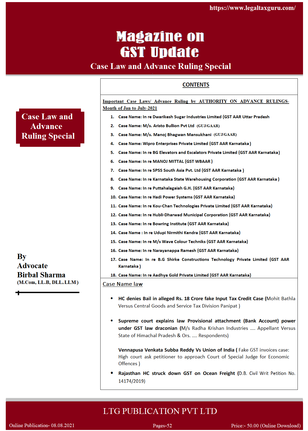 GST Update Month of Jan to July-2021(Case Law and Advance Ruling Special) || Online Publication- 08.08.2021