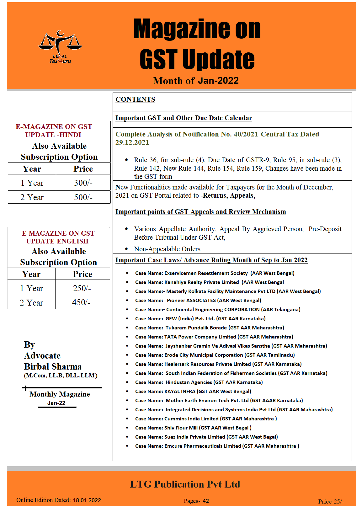 E-GST MAGAZINE UPDATE MONTH OF JAN-2022- Publish Date 21.01.2022