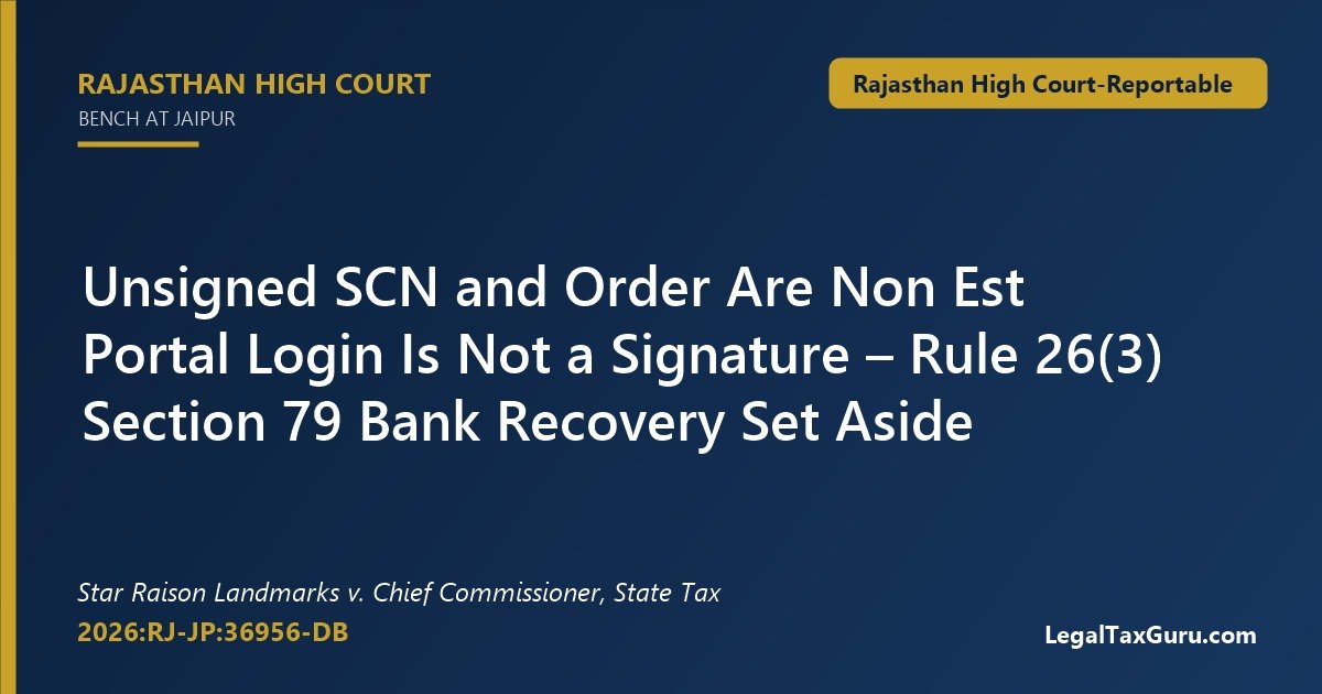 Unsigned GST show cause notice – Rajasthan High Court in Star Raison Landmarks v. Chief Commissioner State Tax [2026:RJ-JP:36956-DB]
