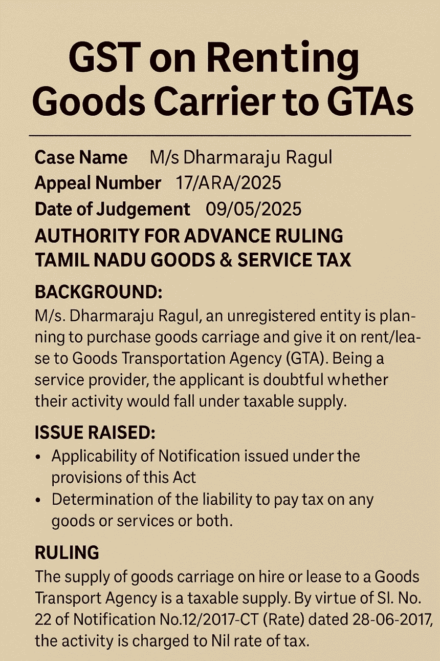 AAR Tamil Nadu rules GST is Nil on renting goods vehicles to GTAs